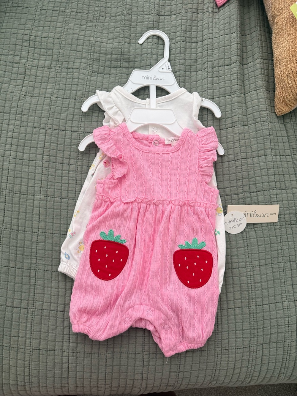 Infant White & Pink Fruit Print Ruffle Rompers 2pc - Picture 2 of 2